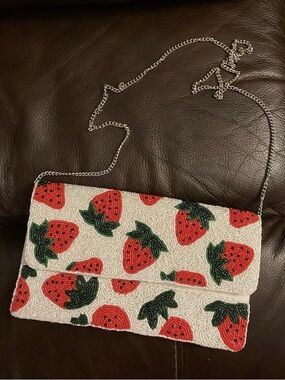 Strawberry Statement Beaded Crossbody Envelope Clutch-White/Red